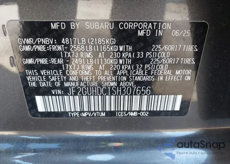 2025 Subaru Crosstrek Premium z USA, uszkodzony, nr VIN JF2GUHDC1SH307656